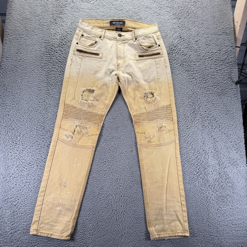 ODD Culture Jeans Mens 34x34 Beige Cotton Denim Straight Distressed Biker Travel